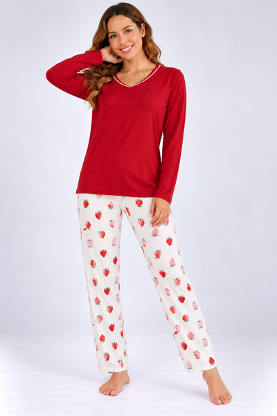 Serena Pijama de dama rosu cu maneca lunga si pantaloni lungi alb cu capsuni