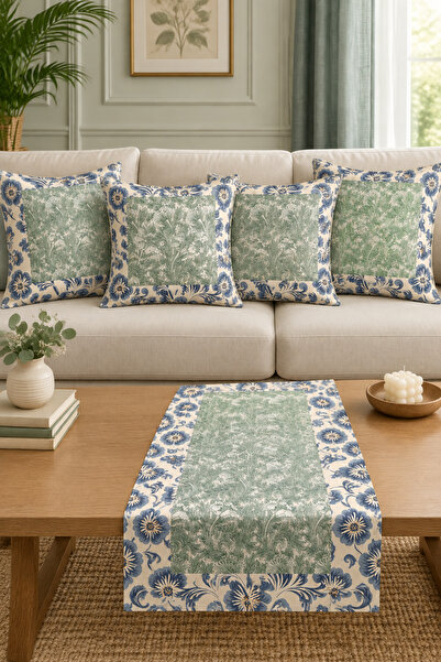LadiesHome Green Blue Floral Double-Sided Printed Suede 5-Piece Living Room S...