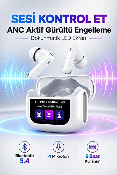 Premium Dokunmatik LED Ekranlı ANC TWS Bluetooth 5.4 Kulaklık 4 Mikrofonlu Gürültü Engelleme