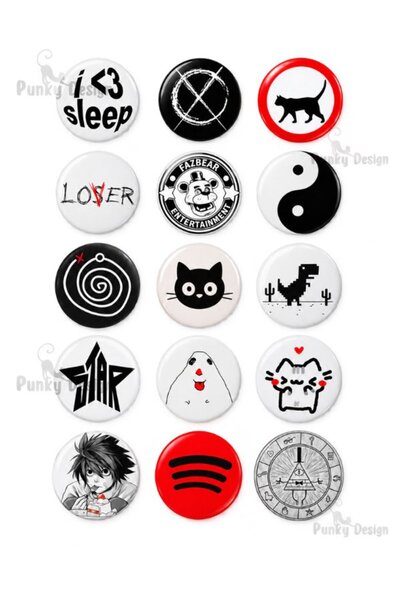 Punky Design 15'li Siyah Beyaz Kırmızı Rozet Seti Anime Kedi Oyun Minimal Dar...