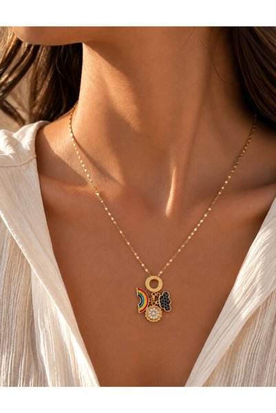 ACAR TAKI Steel Rainbow Charm Combination Necklace with Blue Beaded Necklace Composed of Two Separate Necklaces Acr9757