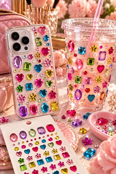 BearPear Renkli Yüz Taşı & Bedazzle Taş – Yapışkanlı Kalp, Papatya, Yuvarlak, Kare Taşlar