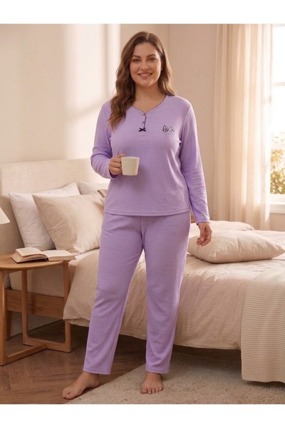 Asel Büyük Beden Uzun Kol Pamuklu Likralı İnterlok Kumaş Pijama Takımı