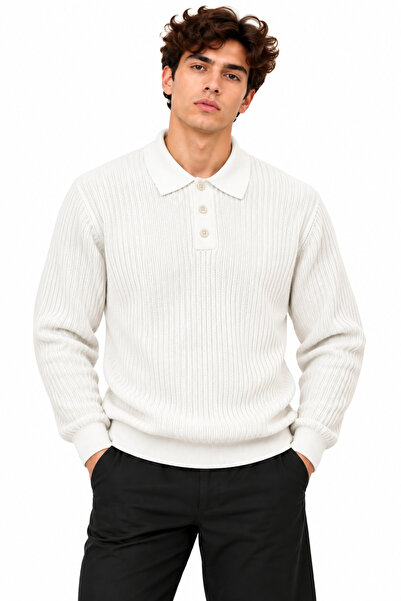 ribana Men's Polo Collar Long Sleeve Standard Fit Fit Sweater 27001
