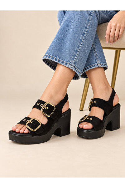 Trendline Women's Double Buckle Platform Suede Sandals with Wedge Heels