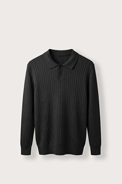ablukaonline Men's Slim Fit Ribbed Buttoned Polo Collar Knit Sweater Black