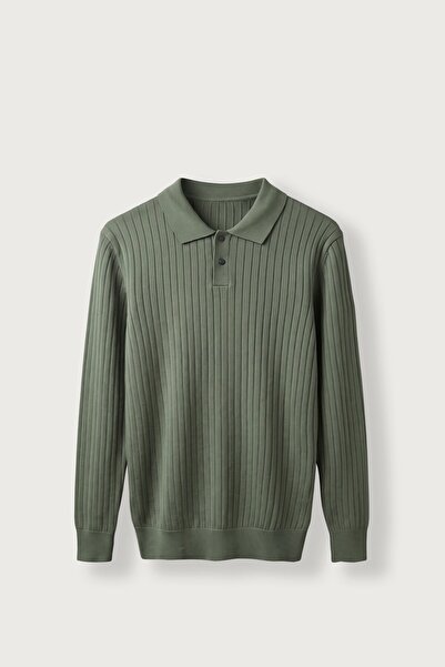 ablukaonline Erkek Slim Fit Fitilli Düğmeli Polo Yaka Triko Kazak Haki