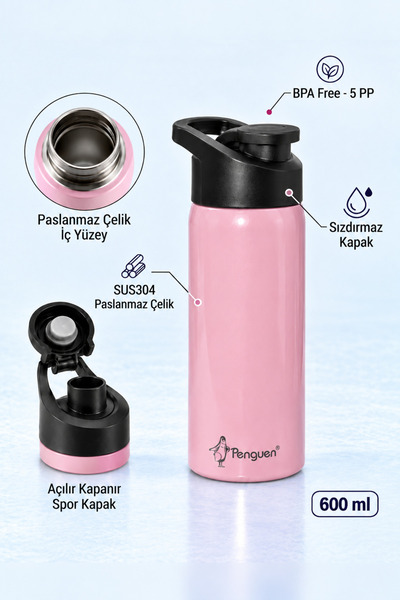 Penguen 600 ml Sporcu Su Matarası Çelik Suluk SUS304 Paslanmaz Çelik Sızdırma...