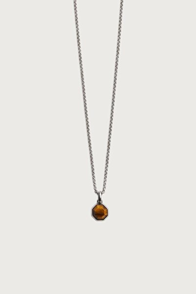 ablukaonline Unisex Octagonal Natural Stone Steel Necklace Brown