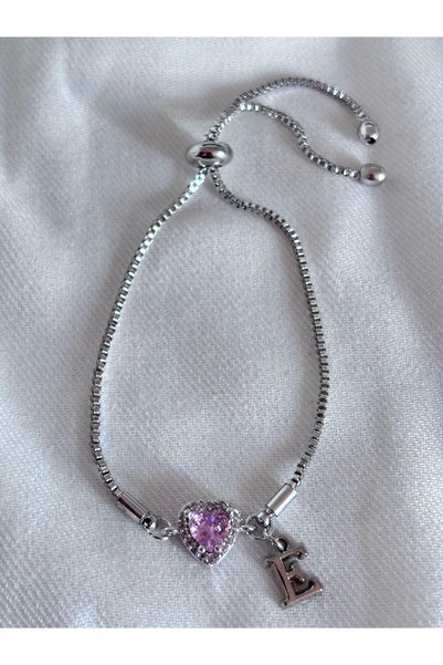 bijoux uniques Kişiye özel E harfli pembe kalp çelik kadın bileklik