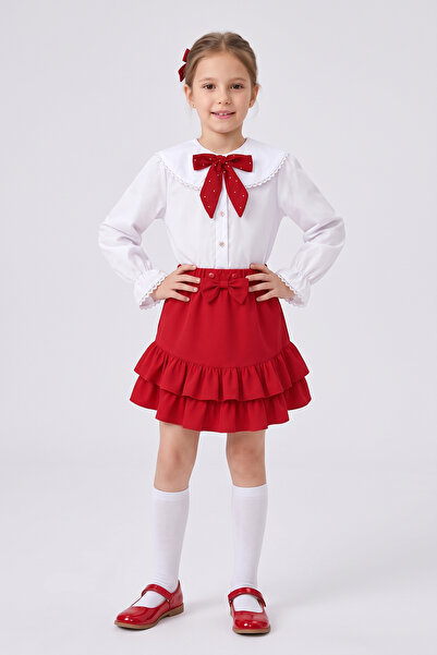 FATELLA Girl's Red Scarf Polka Dot Doll Collar White Long Sleeve Shirt Red Do...