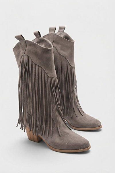 MODAADAM Women's Sliver Cowboy Tassel Boots - Mink