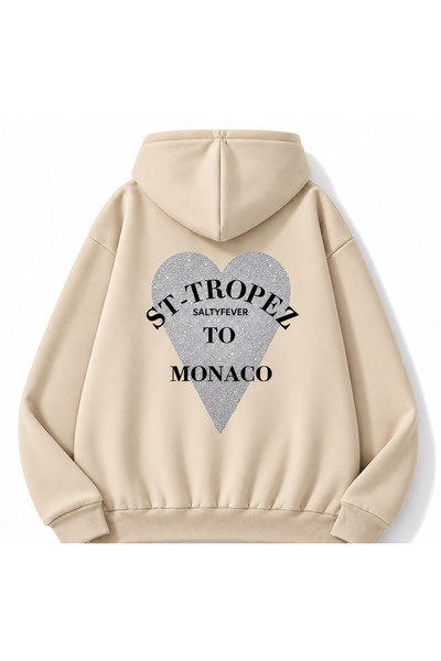 MOONBULL Kadın St-Tropez Monaco Simli Kalp Baskı Kapüşonlu Sweatshirt