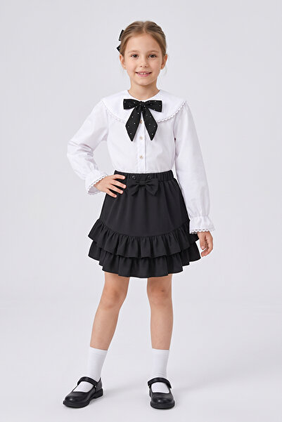 nacar çarşı Girl's Black Scarf, Polka Dot Doll Collar, White Long Sleeve Shir...