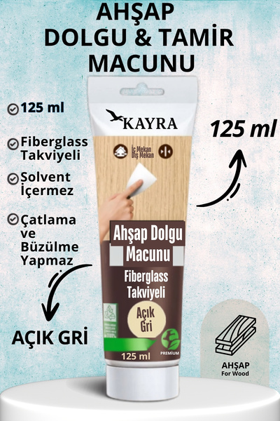 KAYRA LEATHER CRAFT Açık Gri Renk Ahşap Tamir Macunu 125 ml Mobilya Masa Dola...