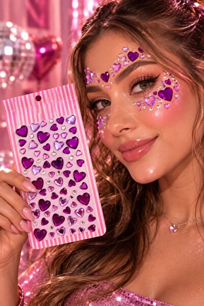 BearPear Mor Fuşya Pembe Kalpli Yüz Taşı Face Gems Set