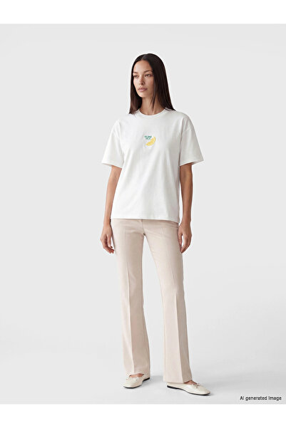 LC Waikiki White Lemon Embroidered 100% Cotton Women's T-Shirt