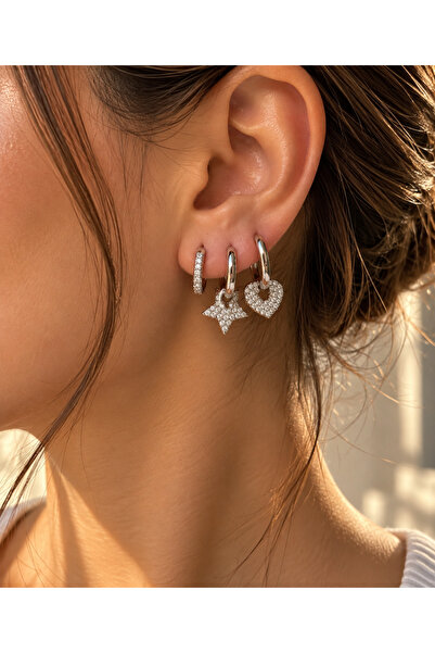 Astelya Jewelry Zirkon Taşlı Kalp ve Yıldız Detaylı Gümüş Rengi Üçlü Kombin H...