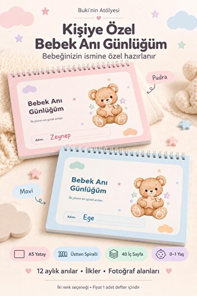 Buki'nin Atölyesi Kişiye Özel Ayıcıklı Erkek Bebek Anı Defteri – A5 Yatay Spi...
