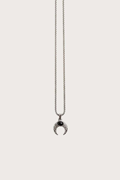 ablukaonline Unisex Crescent Figured Stone Steel Necklace Black