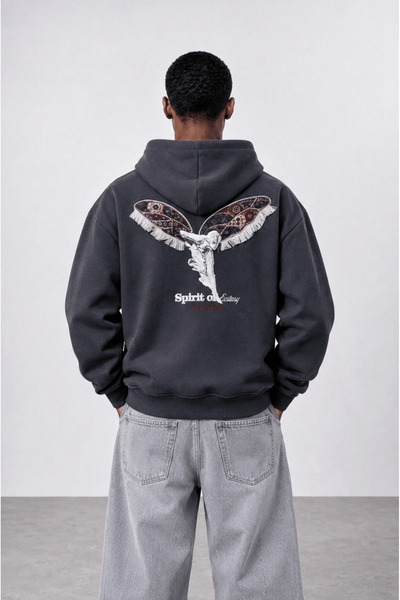 Respire Erkek Spirit Patch Detaylı Oversize Hoodie Füme