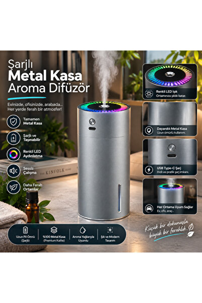 PareysHome Şarjlı Metal Kasa Aroma Difüzörü LED Işıklı Hava Nemlendirici