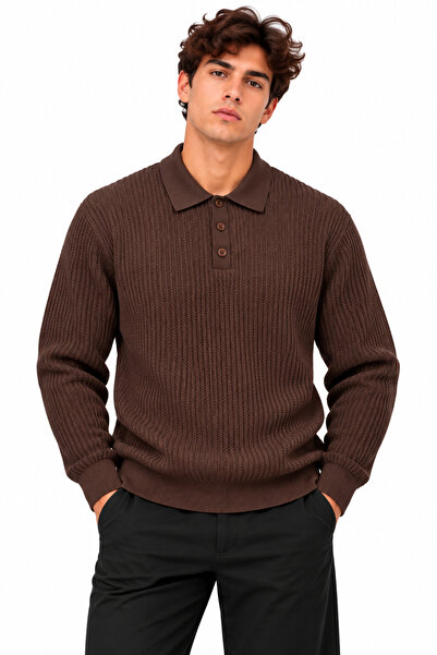 ribana Men's Polo Collar Long Sleeve Standard Fit Fit Sweater 27001