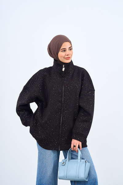 LOCCO Kadın Çift Cepli Simli Fermuarlı Sweatshirt Siyah