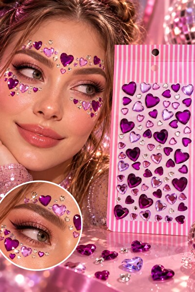 BearPear Mor Fuşya Pembe Kalpli Yüz Taşı Face Gems Set