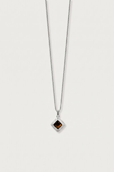 ablukaonline Unisex Square Natural Stone Steel Necklace Dark Brown
