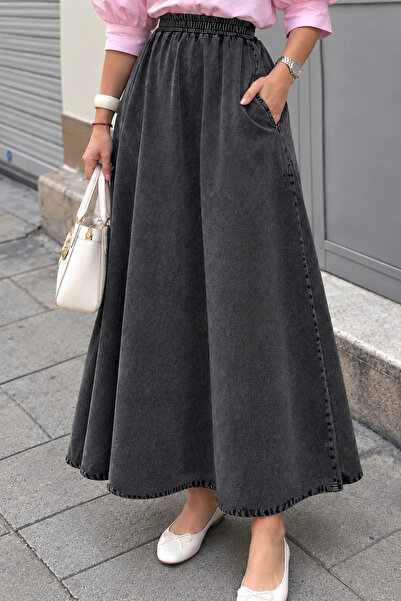 Moda Algan Cepli Beli Lastikli Kloş Etek MA10099 Antrasit