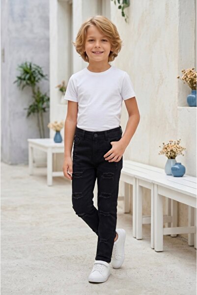 MODA Erkek Çocuk Siyah Yırtık Detaylı Cepli Kot Pantolon 3-8 Yaş