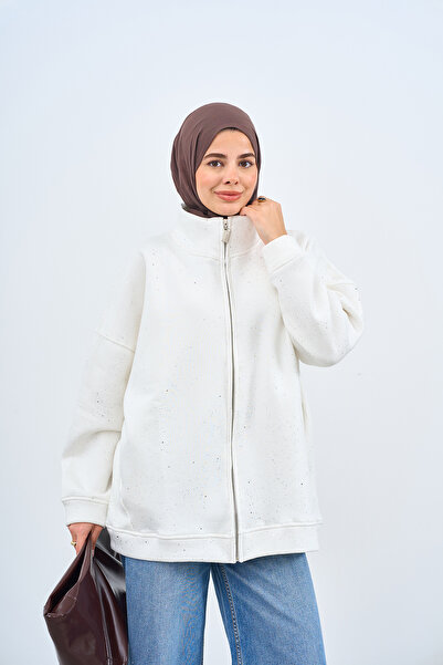 LOCCO Kadın Çift Cepli Simli Fermuarlı Sweatshirt Beyaz