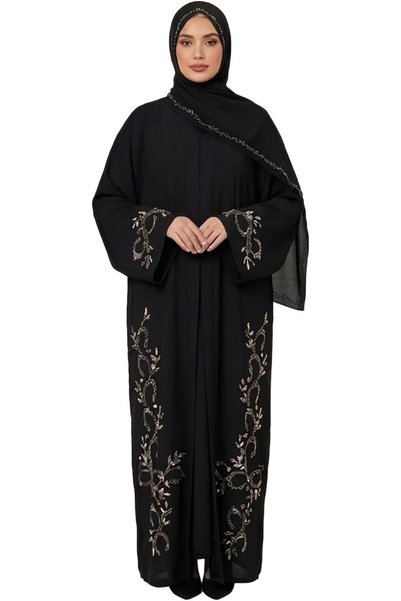 Generic Women's Abaya with Hijab, Neda Material, Floral Embellished, Modest M...