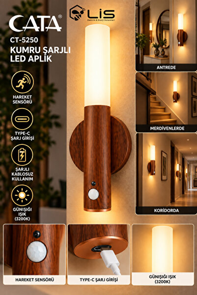 Cata CT-5250 Kumru Ahşap Renk Kablosuz Sensörlü Led Aplik Şarjlı Dekoratif Du...