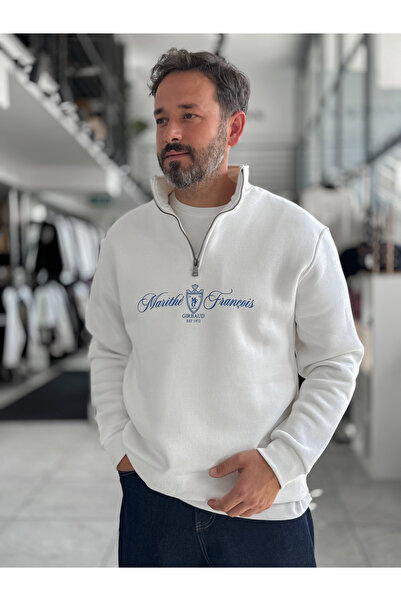 BYBASICMAN Beyaz Yarım Fermuarlı Marithe Baskılı Sweatshirt PM-079
