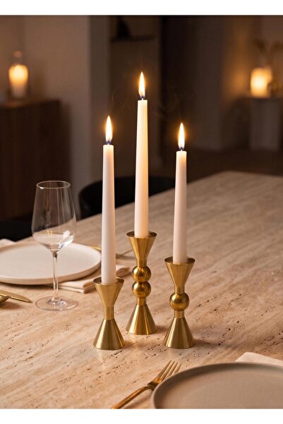 The Mia Brass Pirinç Konik Şamdan 3 Parça Set