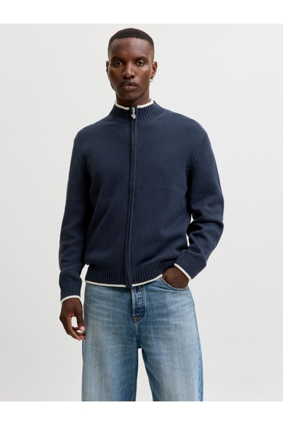 Jack & Jones Knitted Cardigan for Men with High Collar and Contrast Details, ...
