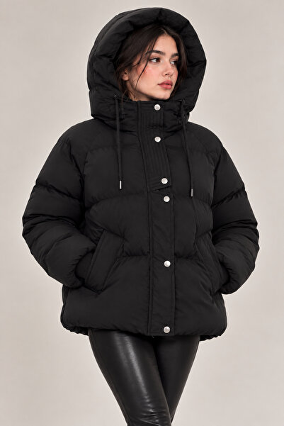 Modayıldızlar Kadın Kapüşonlu Oversize Şişme Mont – Çıtçıtlı Kalın Kışlık Mont