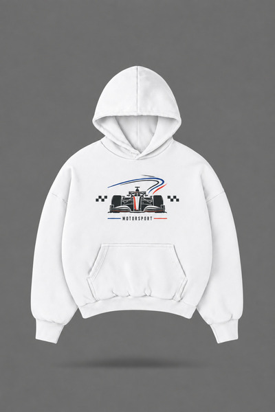 EVIus سويت شيرت أبيض بقلنسوة مطبوع من الأمام والخلف من Oversize Motorsport