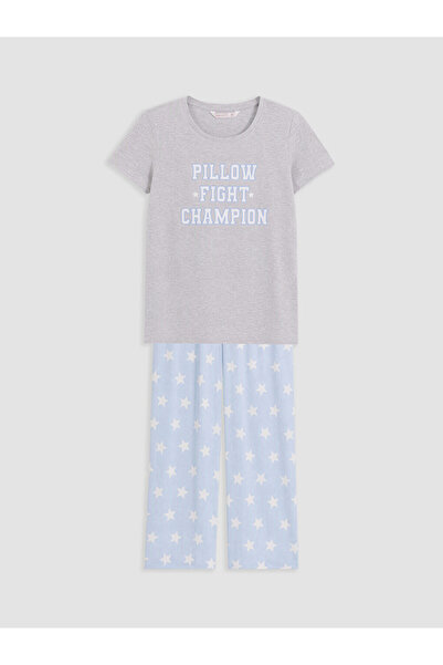 LC Waikiki Vizyon New Season Blue Crew Neck Printed Women's Pajama Set
