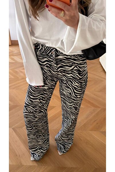 Genel Markalar Zebra Desenli Bol Paça Yüksel Bel Jean Pantolon(%100 Pamuk)