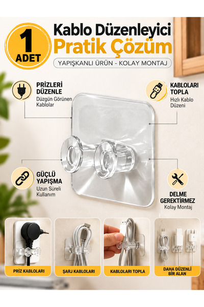 Mode Cool Şeffaf Yapışkanlı Priz ve Kablo Tutucu – Duvar Tipi Kablo Düzenleyi...