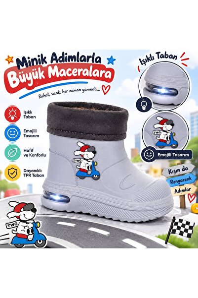 mohawk Twingo Çocuk Eva Su Geçirmez Kürklü, Işıklı Yağmur Botu Kaymaz, Ortope...