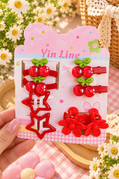 Generic Brand Girl's Cherry Hair Clip Set – Rubber, Pencil, Star and Flower H...