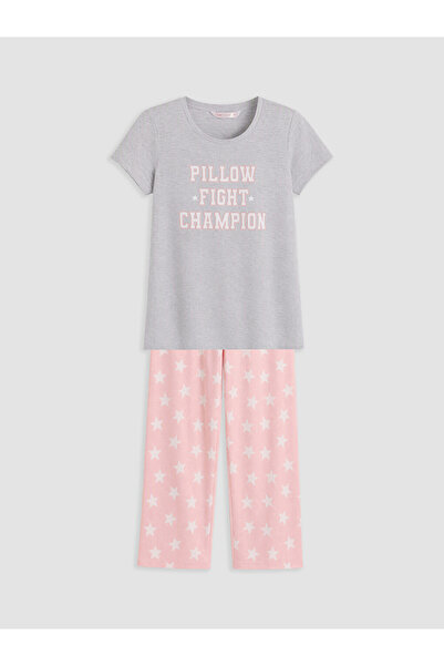 LC Waikiki Vizyon New Season Pink Crew Neck Printed Women's Pajama Set
