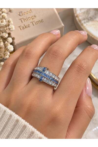 MARE BUTİK Authentic Silver Color Ring with Blue Stone Detail