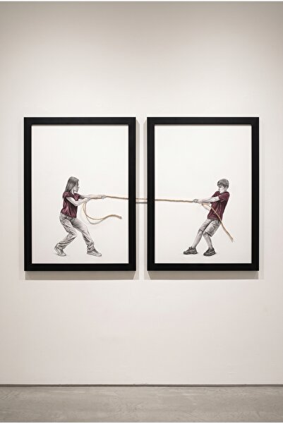 Halat Çeken Çocuklar 2'li Siyah Çerçeveli Duvar Tablosu Seti - Gerçek İpli Modern Minimal (30 x 40 cm)
