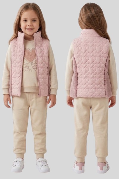 ww waka waka kids store Kız Çocuk Kapitone Yelekli 3'lü Eşofman Takımı Baskıl...