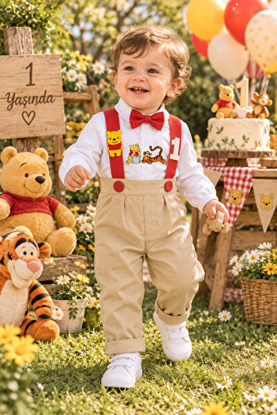 Feriatolye Winnie the pooh konseptli erkek çoçuk 1 yaş salopet gömlek papyon ...